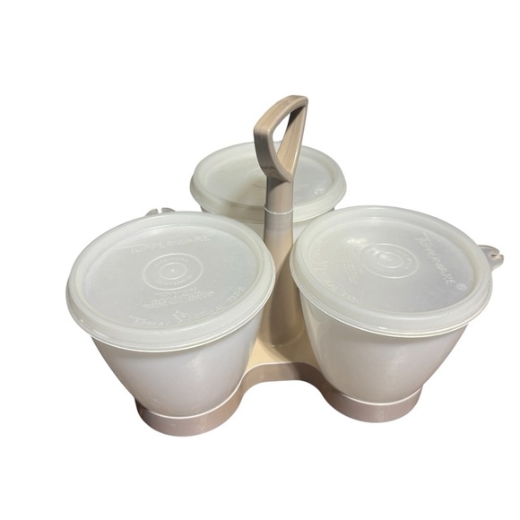 Vintage  70s Tupperware Tan Beige Almond CONDIMENT CADDY SET with Lids trio - Picture 1 of 5